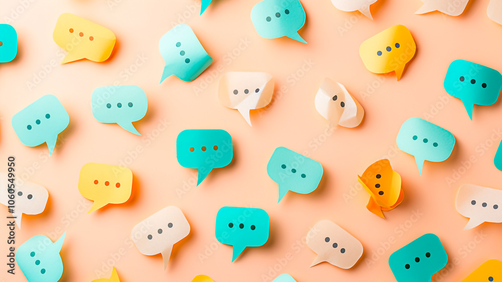 Vibrant speech bubbles in a playful arrangement on a pastel background. Speech bubbles for communication design. Vibrant speech bubbles in a playful arrangement on a pastel background. Speech bubbles for communication design.
