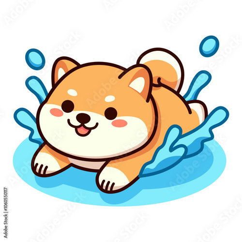 cute shiba inu dog swimming cartoon character animal flat color vector illustration template design