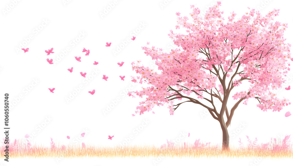 Obraz premium Cherry Blossom Tree with Falling Petals and Butterflies