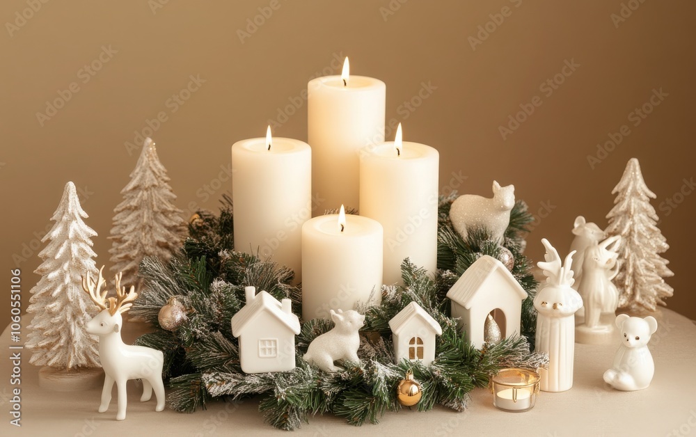 An aesthetically pleasing arrangement on the table featuring white candles integrated within a lush Christmas wreath.