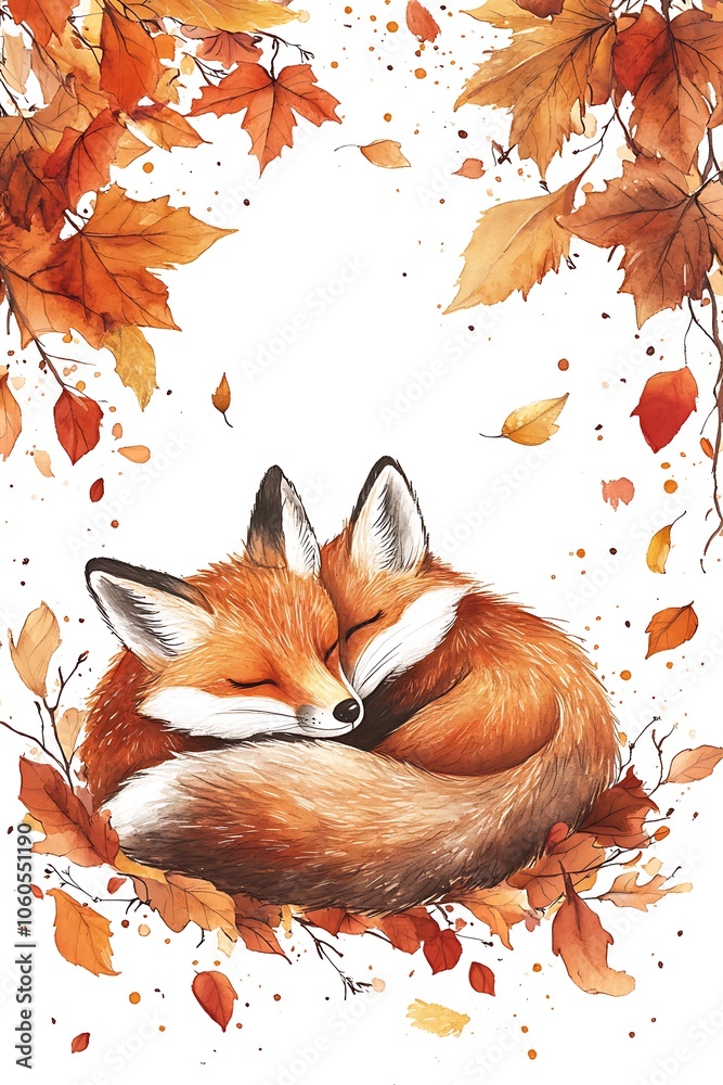 Fototapeta premium A cozy embrace of two adorable foxes amidst autumn leaves showcasing nature's beauty and serenity in a heartwarming scene