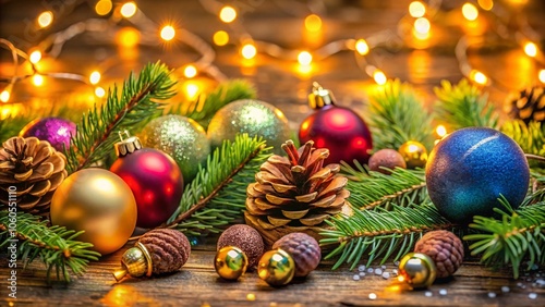 Festive Christmas Ornament Decoration Corner with Colorful Baubles, Twinkling Lights, and Natural Elements for Holiday Cheer