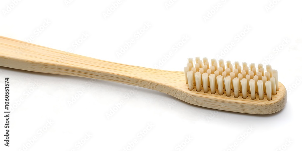 Close up shot of a bamboo toothbrush against a clean minimalist background, showcasing its natural material and eco friendly design