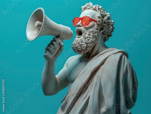 Greek statue with beard, shouting through a megaphone, wearing sunglasses