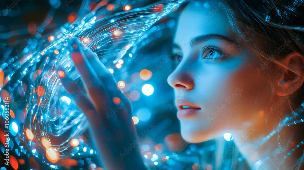 A woman interacts with a neural network display. The concept of innovation, technology integration, and human connection with artificial intelligence. Generative AI. A woman interacts with a neural network display. The concept of innovation, technology integration, and human connection with artificial intelligence. Generative AI.