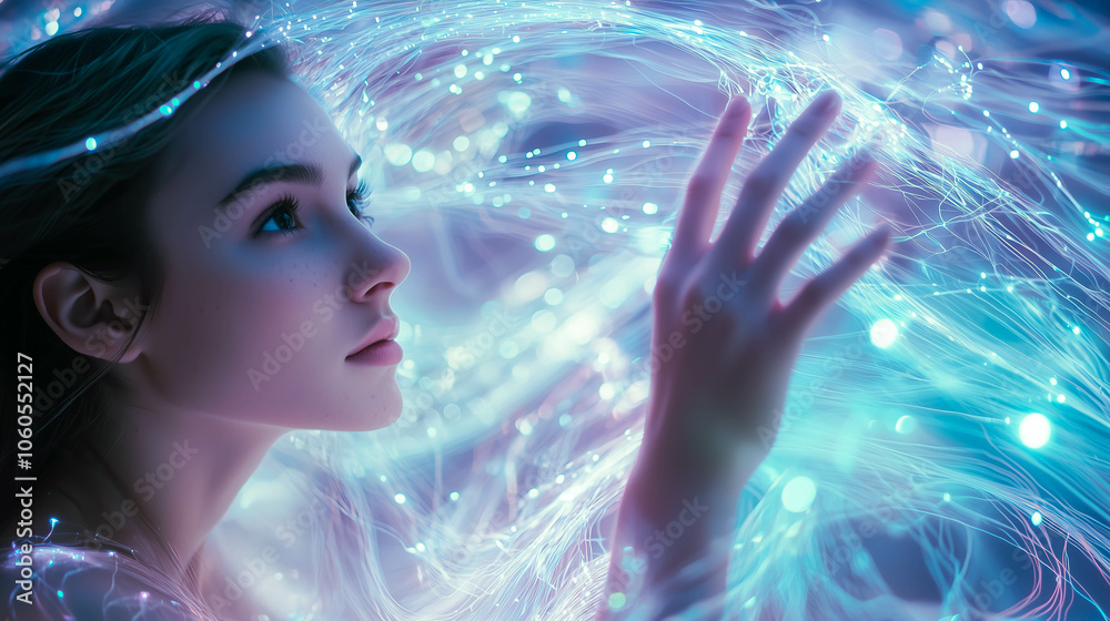 A woman interacts with a neural network display. The concept of innovation, technology integration, and human connection with artificial intelligence. Generative AI. A woman interacts with a neural network display. The concept of innovation, technology integration, and human connection with artificial intelligence. Generative AI.