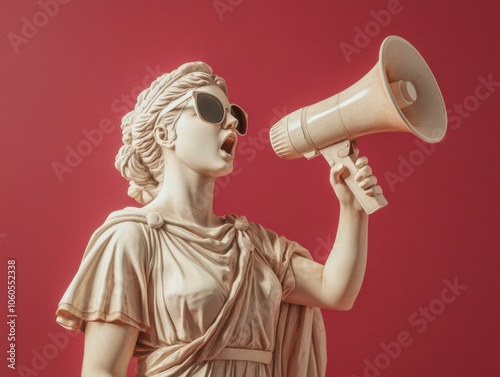 Greek ancient beauty woman statue, shouting through a megaphone, wearing sunglasses