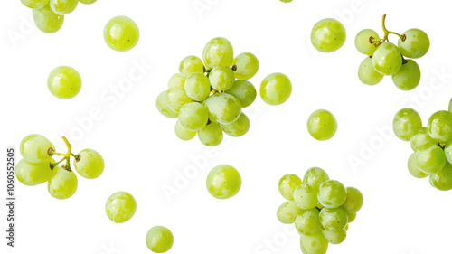 Sweet and fresh green grapes falling from above. transparent background