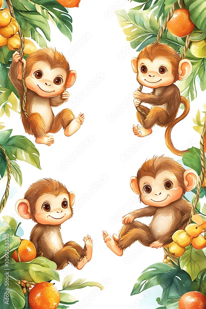 Obraz premium Playful monkeys enjoying their tropical paradise surrounded by lush greenery and juicy oranges in a vibrant illustration