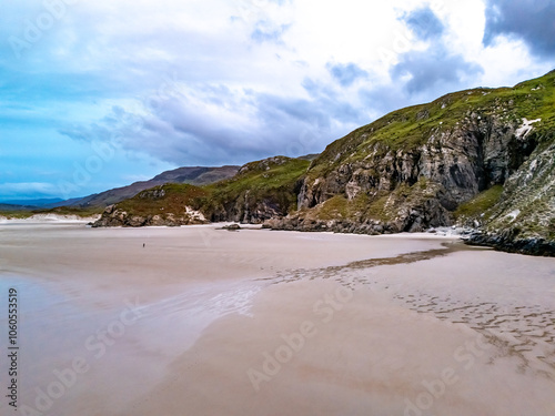 Aerial view of the beach and caves at Maghera Beach near Ardara, County Donegal - Ireland. photo