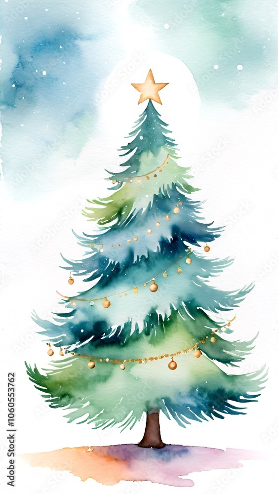 Obraz premium Graceful watercolor Christmas tree adorned with golden garlands and a glowing moon