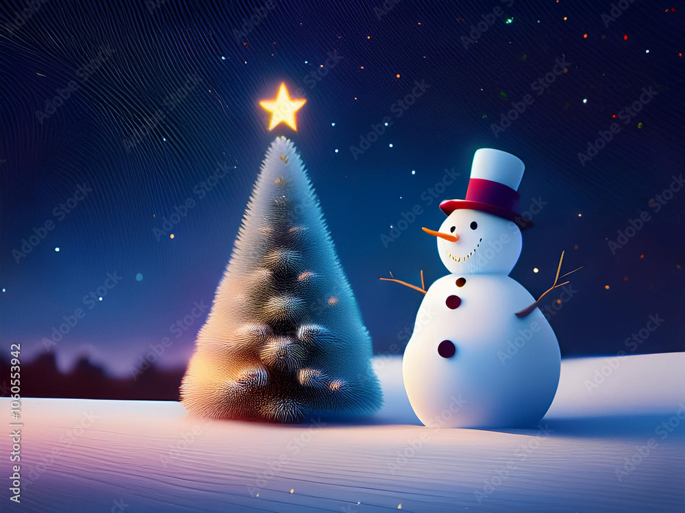 Obraz premium 雪の夜にクリスマスツリーと雪だるま