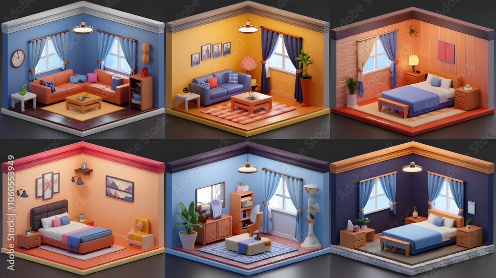 3D cartoonish models for a lounge (sofa, table, TV), bedroom (bed, nightstands, dresser), kitchen (appliances, table), bathroom (fixtures), office (desk, chair), and laundry room (washer, dryer). 3D cartoonish models for a lounge (sofa, table, TV), bedroom (bed, nightstands, dresser), kitchen (appliances, table), bathroom (fixtures), office (desk, chair), and laundry room (washer, dryer).