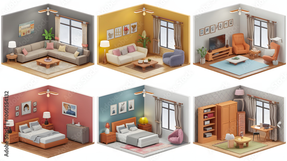 3D cartoonish models for a lounge (sofa, table, TV), bedroom (bed, nightstands, dresser), kitchen (appliances, table), bathroom (fixtures), office (desk, chair), and laundry room (washer, dryer). 3D cartoonish models for a lounge (sofa, table, TV), bedroom (bed, nightstands, dresser), kitchen (appliances, table), bathroom (fixtures), office (desk, chair), and laundry room (washer, dryer).
