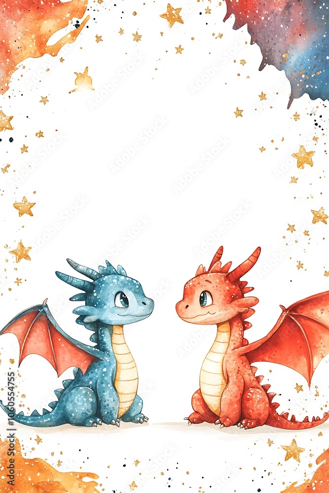 Obraz premium Adorable cartoon dragons engaging in a playful standoff amidst a starry cosmic background perfect for fantasy lovers and kids