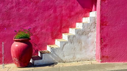A pink wall with white stairs and a terracotta pot with flowers in front of it