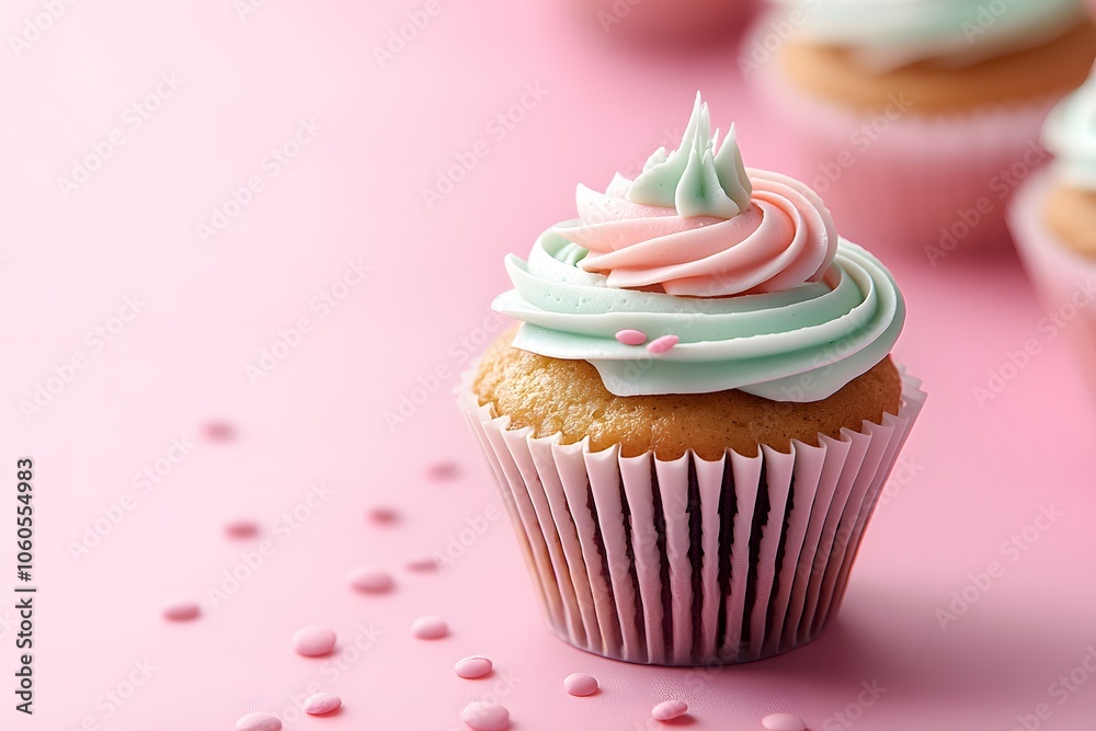 Cute Small Cupcake with Colorful Frosting on Pink Surface Cute Small Cupcake with Colorful Frosting on Pink Surface