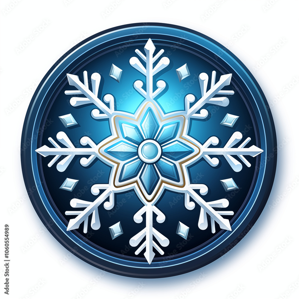 A blue and white cartoon snowflake on a circular background, ideal for winter themes A blue and white cartoon snowflake on a circular background, ideal for winter themes