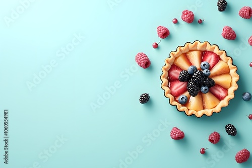 Colorful Simple Fruit Tart on Aqua Background photo