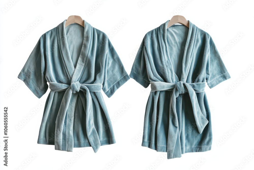 Front and back view of a neutral blue robe on hangers Front and back view of a neutral blue robe on hangers