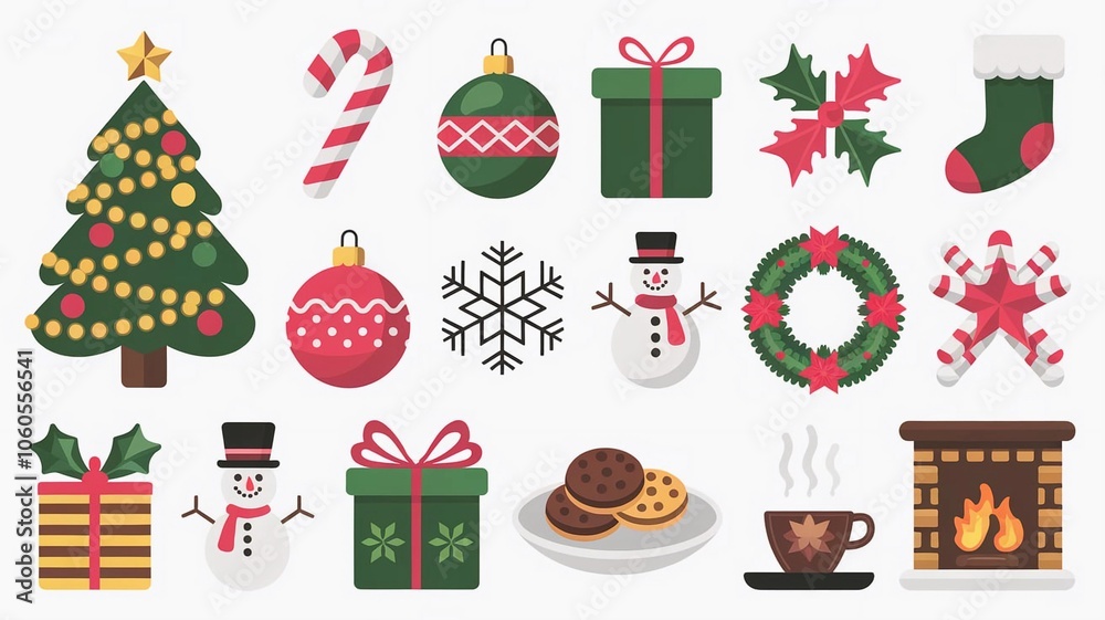 A pack of Merry Christmas icons including a Santa Claus, a Christmas tree, a snowflake, a candy cane, a present, a star, and a stocking. Each icon is designed in a modern and minimalist style with a w A pack of Merry Christmas icons including a Santa Claus, a Christmas tree, a snowflake, a candy cane, a present, a star, and a stocking. Each icon is designed in a modern and minimalist style with a w