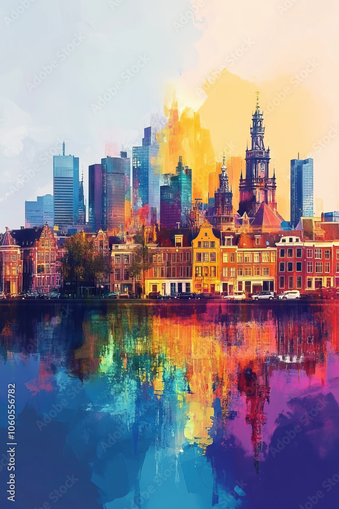 Obraz premium The, Pop Art style theme print. Cityscape, city skyline.Vibrant, bright, modern, trendy, graphic designed for poster, card, wallpaper