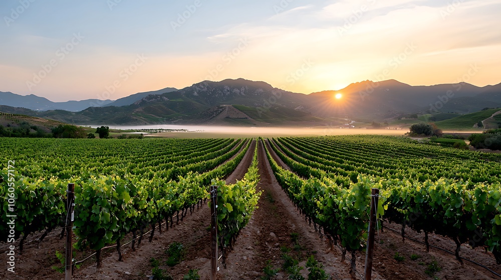 Fototapeta premium Sunrise illuminates lush vineyard landscape with rows of grapevines under clear sky