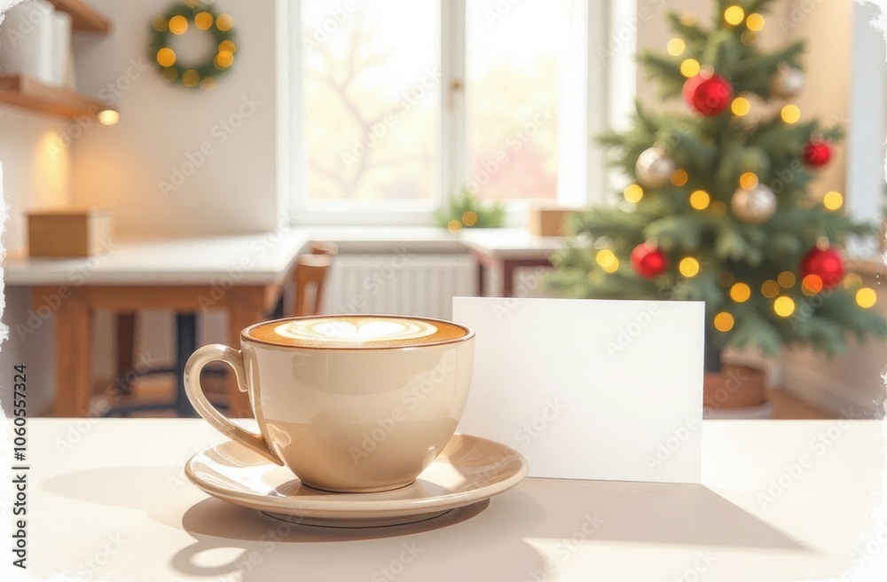 Card with empty space for text. Cozy festive cafe decor and a cup of coffee on the table. Card with empty space for text. Cozy festive cafe decor and a cup of coffee on the table.