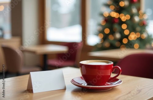 Card with empty space for text. Cozy festive cafe decor and a red cup of coffee on the table.