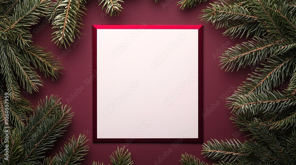 Blank frame with pine branches on burgundy backdrop. Blank frame with pine branches on burgundy backdrop.