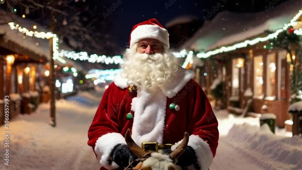 : Santa Claus Riding Through a Snowy Village on a Festive Night : Santa Claus Riding Through a Snowy Village on a Festive Night