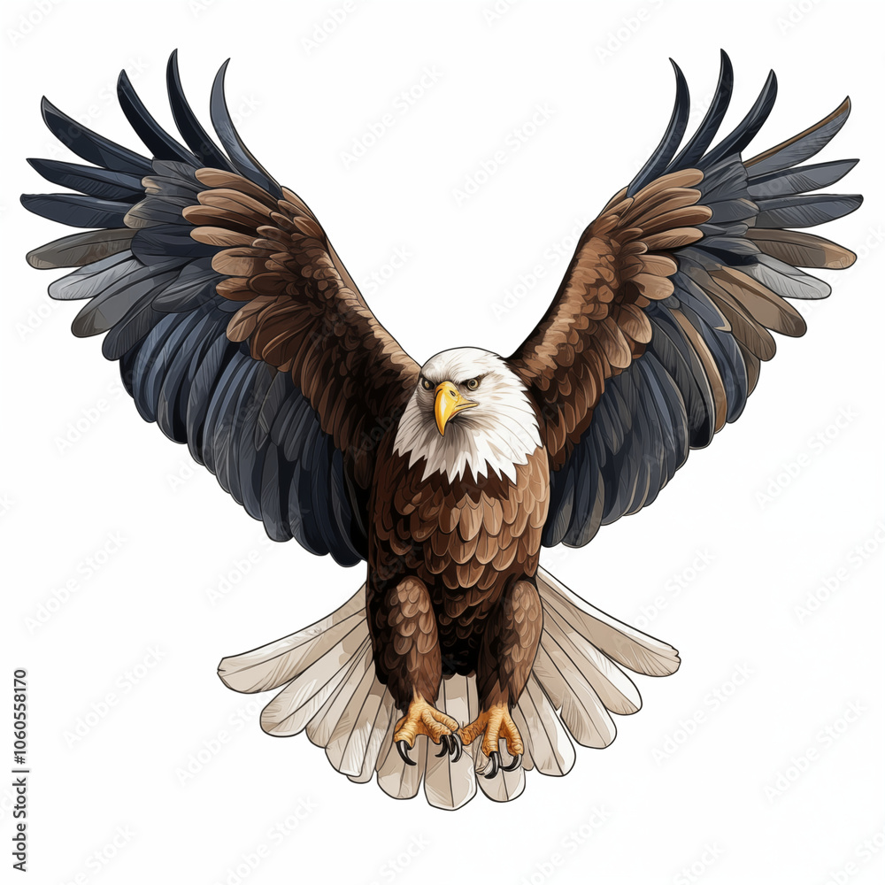 Obraz premium A majestic cartoon eagle soaring high with outstretched wings in a clear blue sky