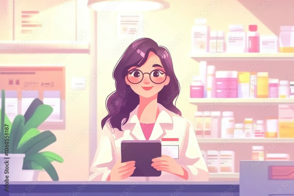 Pharmacist in a pharmacy holding a tablet. Pharmacist in a pharmacy holding a tablet.