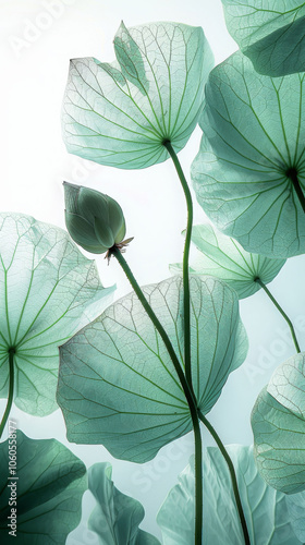 Delicate big leaves of lotus plants create serene atmosphere against soft white background, showcasing their intricate veins and gentle curves