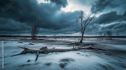 A desolate landscape with a stormy sky and a lone tree. Scene is somber and lonely