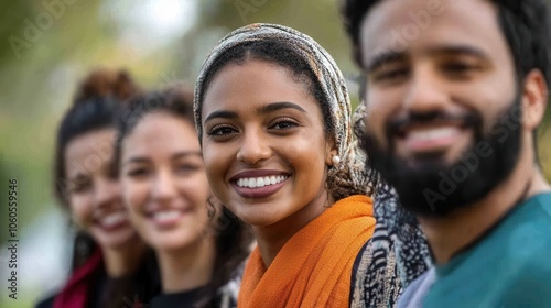 A diverse group of people smiling together, representing inclusion, diversity