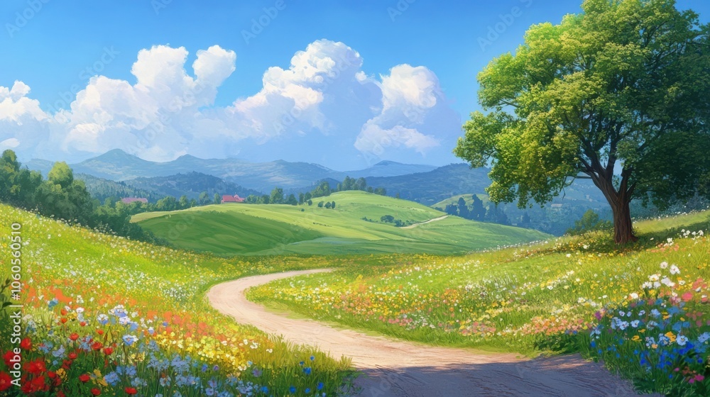 A scenic countryside landscape with rolling hills, wildflowers, and a winding dirt road. A scenic countryside landscape with rolling hills, wildflowers, and a winding dirt road.