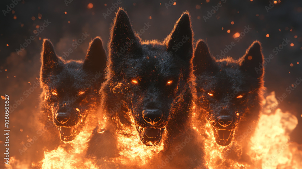 A three-headed hellhound with fire A three-headed hellhound with fire