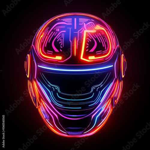 A vibrant neon helmet design featuring intricate circuitry patterns in a dark backdrop photo