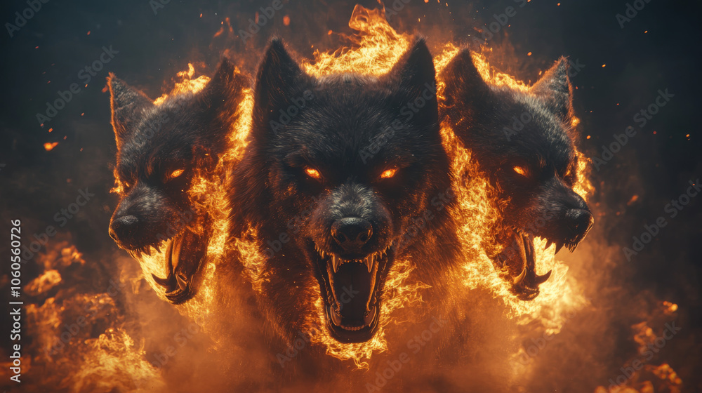 A three-headed hellhound with fire