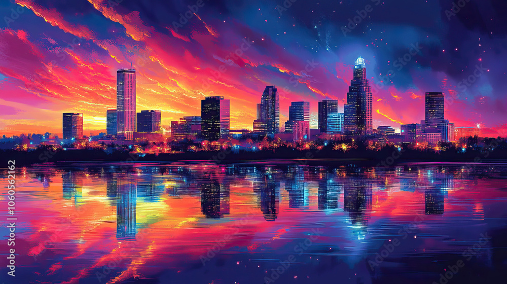 Obraz premium Tulsa, USA, Pop Art style theme print. Cityscape, city skyline.Vibrant, bright, modern, trendy, graphic designed for poster, card, wallpaper