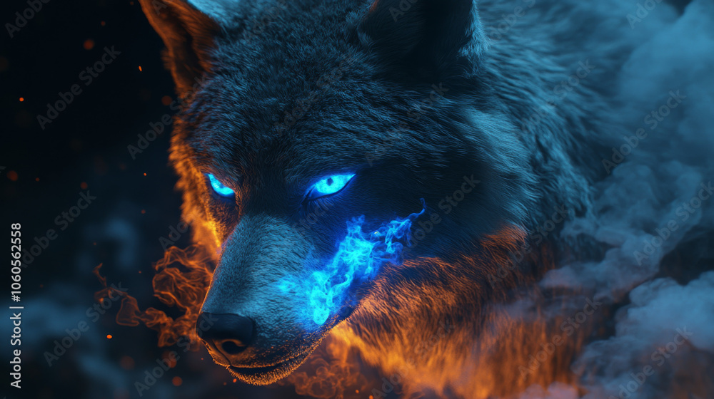 fantasy wolf in the forest with blue fire fantasy wolf in the forest with blue fire