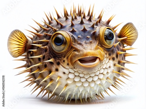 Futuristic Puffer Fish Portrait on White Background - Unique Aquatic Creature Photography, Underwater Exploration, Marine Life, Isolated Species, Nature's Wonders, Detailed Features