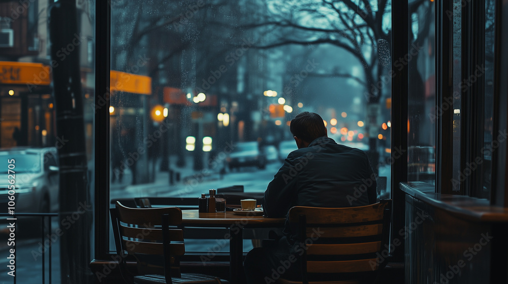 Fototapeta premium Man sitting in a cafe observing a rainy city street.