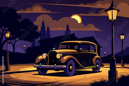 vintage car parked under a streetlight at night
