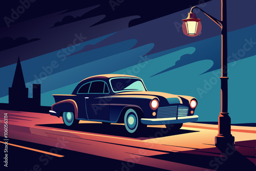 vintage car parked under a streetlight at night