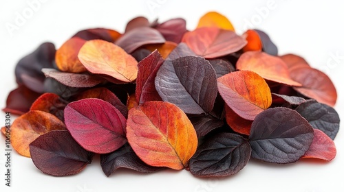 a vibrant pile of autumncolored leaves lies isolated on a white background showcasing the rich textures and colors of fall celebrating the beauty of natures seasonal changes photo