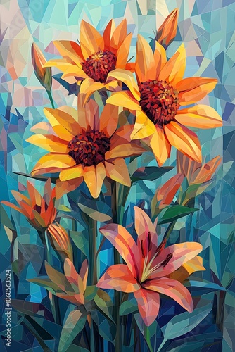 Vibrant flowers blooming in a colorful abstract style depicting nature's artistic beauty through bold shapes and harmonious colors inviting viewers to appreciate floral elegance