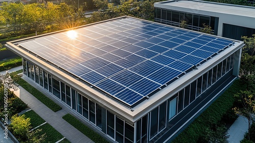 A solar panel installation on the roof of a modern office building, captured from a drone
