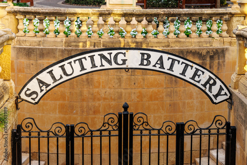 Sign of the Saluting Battery building - Barrakka gardens - in Valletta, Malta, Europe photo